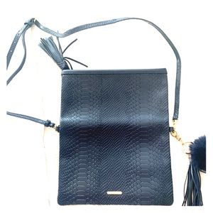 Navy faux crocodile clutch with navy faux fur poof